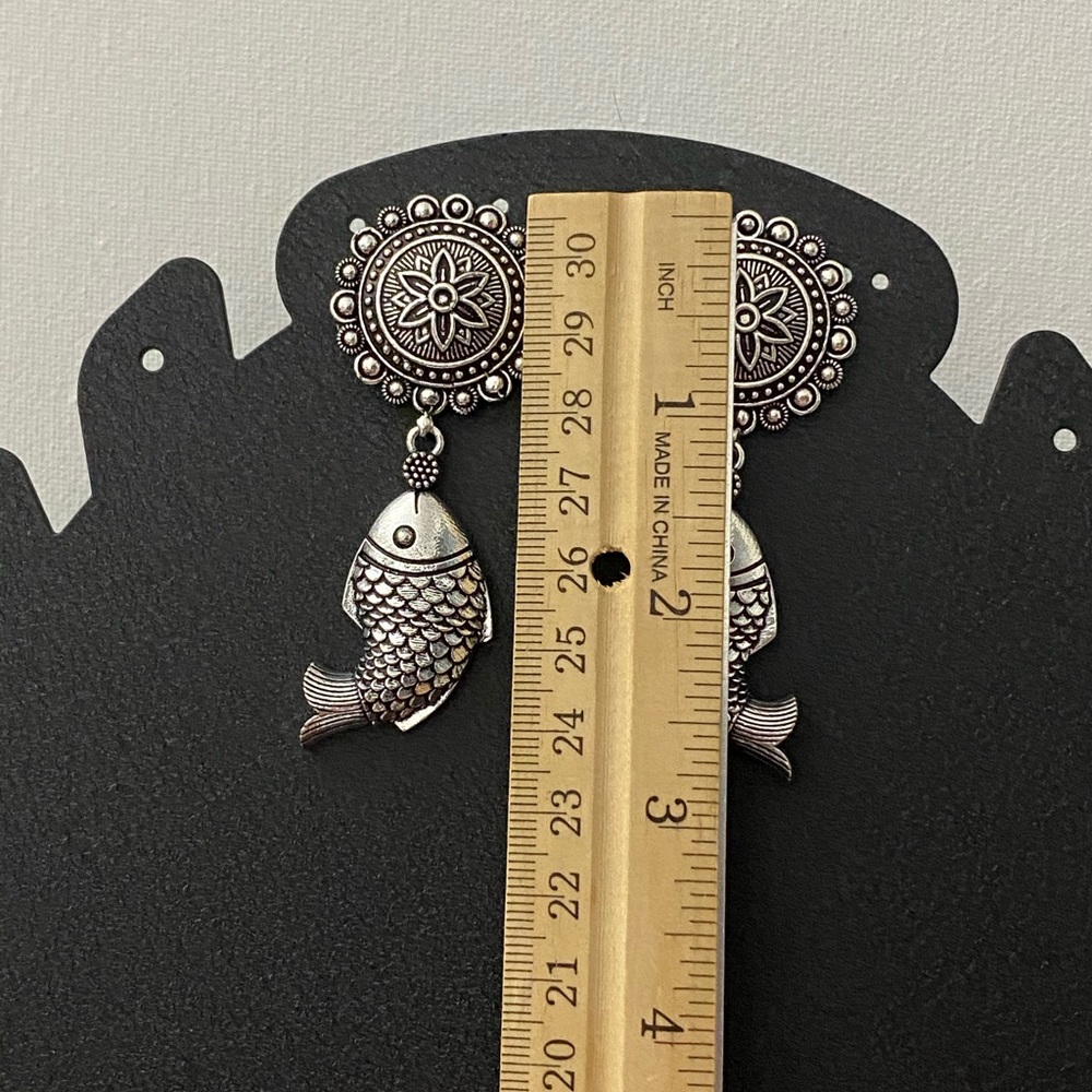 Pisces Fish Oxidized Silver Jhumka Earrings - Picture 4 of 5